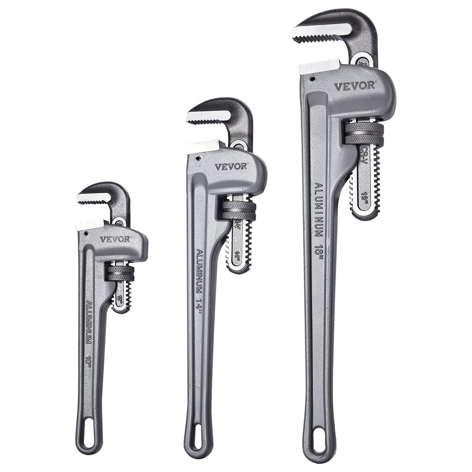3-Piece Pipe Wrench Set, 10" 14" 18" Aluminum Straight Pipe Wrench, Adjustable Plumbing Wrench, with High Strength Jaw and Ergonomic Handle, Hangable Design, for Water Pipes, Automotive Repairs