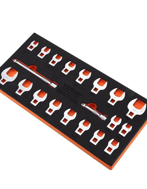 Load image into Gallery viewer, Crowfoot Wrench Set, 3/8" Drive 20-Piece Crows Foot Wrench Set with 2 Extension Bars and EVA Tool Organizer,40CR Material with Mirror Chrome Finish, SAE 3/8"-7/8" and Metric 10-22 mm,
