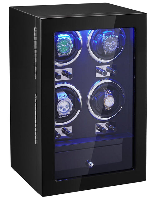 Load image into Gallery viewer, Watch Winder, Watch Winder for 4 Men's and Women's Automatic Watches, with 4 Super Quiet Japanese Mabuchi Motors, Blue LED Light and Adapter, High-Density Board Shell and Black PU
