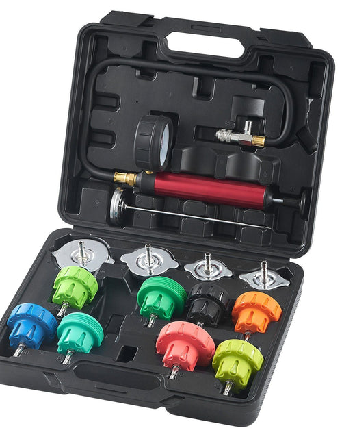 Load image into Gallery viewer, 14 pcs Universal Radiator Pressure Tester Kit, Coolant Pressure Tester Kit with Manual Pump and Color-coded Steel Test Cap Adapters, with Toolbox, For Cars Motorcycles Trucks Cooling System
