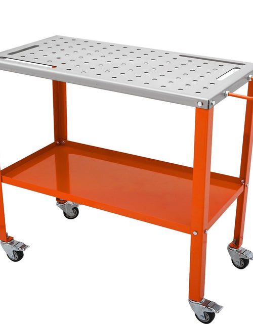 Load image into Gallery viewer, 36" x 18" Welding Table, 1200lbs Load Capacity Steel Welding Workbench Table on Wheels, Portable Work Bench with Braking Lockable Casters, 4 Tool Slots, 5/8-inch Fixture Holes, Tool Tray
