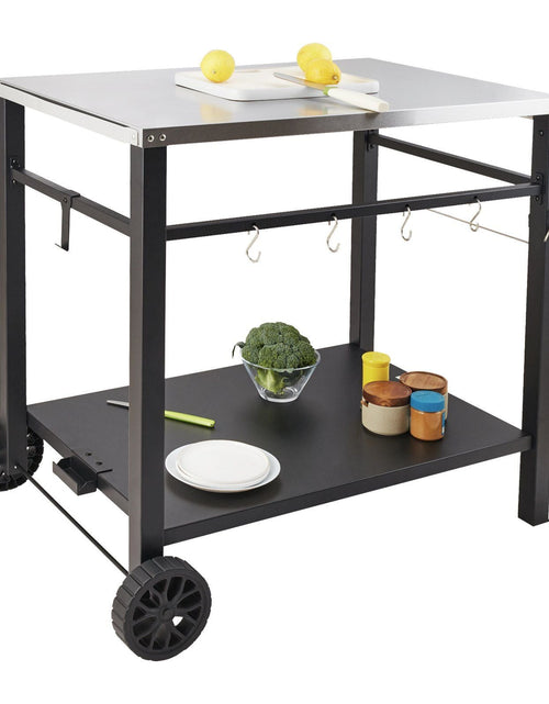 Load image into Gallery viewer, Outdoor Grill Dining Cart with Double-Shelf, BBQ Movable Food Prep Table, Multifunctional Stainless Steel Table Top, Portable Modular Carts for Pizza Oven, Worktable with 2 Wheels, Carry Handle
