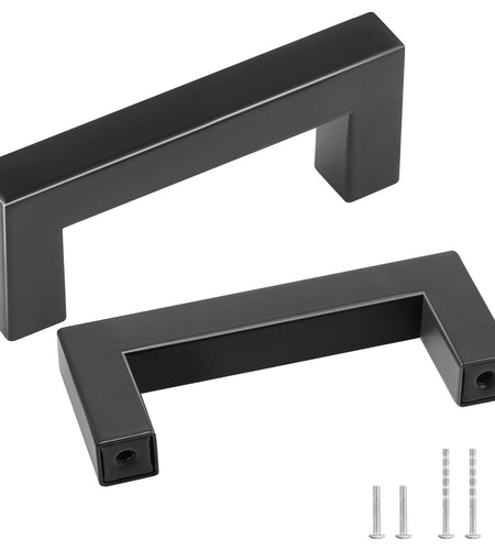 10 Pack Cabinet Pulls, 3in / 76mm Center to Center Slim Square Kitchen Cabinet Drawer, Stainless Steel Modern Kitchen Cupboard Door Handles for Kitchen Bathroom Bar Hardware Matte Black