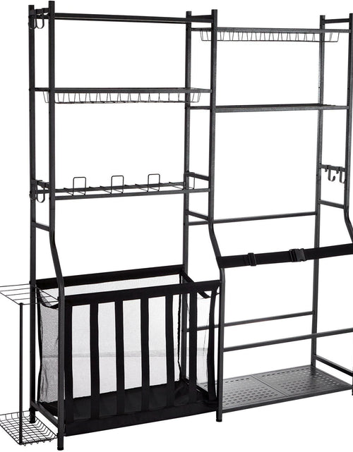 Load image into Gallery viewer, Golf Storage Garage Organizer, 2 Golf Bag Storage Stand Holder and Other Sports Equipment Storage Rack, Outdoor Steel Ball Cart, Sports Gear and Toys Storage Shelves with Baskets &amp; Hooks, Black
