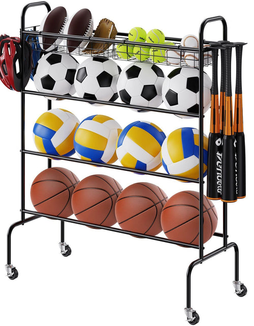 Load image into Gallery viewer, Basketball Rack, 4-Layers Rolling Basketball Shooting Training Stand, Sports Equipment Storage Organizer with Wheels, Hooks and Baskets, Garage Ball Storage Holder for Football Soccer Volleyball
