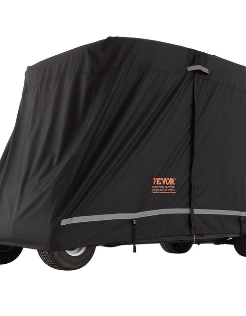 Load image into Gallery viewer, 4 Passenger Golf Cart Cover, 600D Polyester Full Cover, Universal Fits for Most Brand Club Car Covers, Waterproof, Sunproof, and Dustproof Outdoor Golf Cart Cover with Three Zipper Doors, Black

