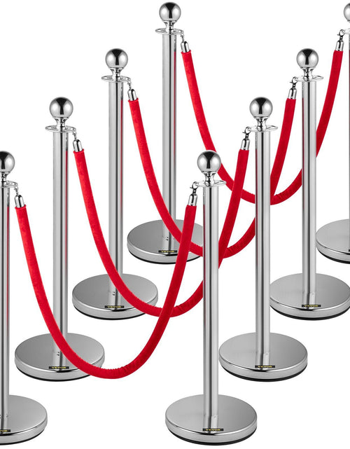 Load image into Gallery viewer, Crowd Control Stanchion, Set of 8 Pieces Stanchion Set, Stanchion Set with 5 ft/1.5 m Red Velvet Rope, Silver Crowd Control Barrier w/ Sturdy Concrete and Metal Base – Easy Connect Assembly
