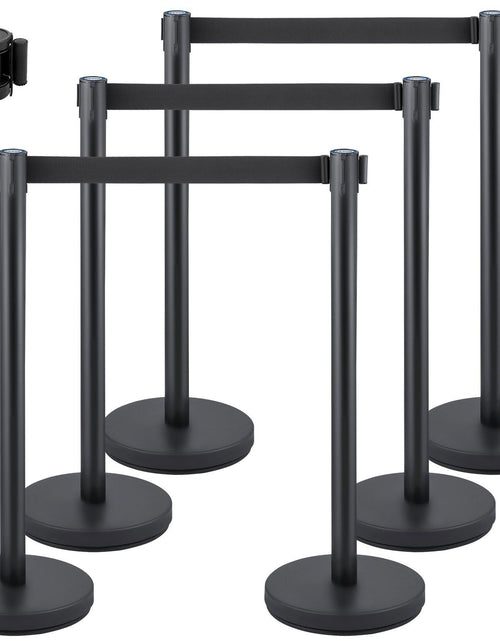 Load image into Gallery viewer, Crowd Control Stanchion, Set of 6 Pieces Stanchion Set, Stanchion Set with 6.6 ft/2 m Black Retractable Belt, Black Crowd Control Barrier w/Concrete and Metal Base - Easy Connect Assembly
