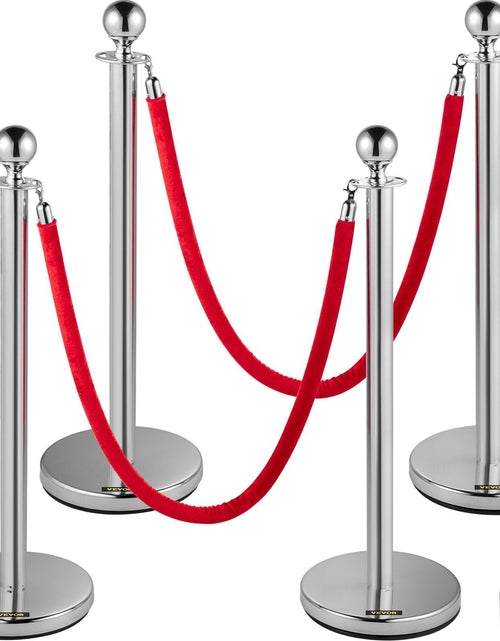 Load image into Gallery viewer, 4PCS Stainless Steel Stanchion Posts Queue, Red Velvet Ropes Silver, 38In Rope Barriers Queue Line Crowd Control Barriers for Party Supplies
