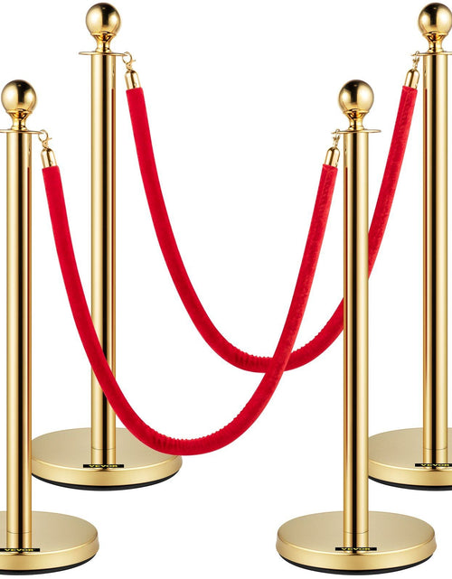 Load image into Gallery viewer, Velvet Ropes and Posts, 5 ft/1.5 m Red Rope, Stainless Steel Gold Stanchion with Ball Top, Red Crowd Control Barrier Used for Theaters, Party, Wedding, Exhibition, Ticket Offices 4 packSets

