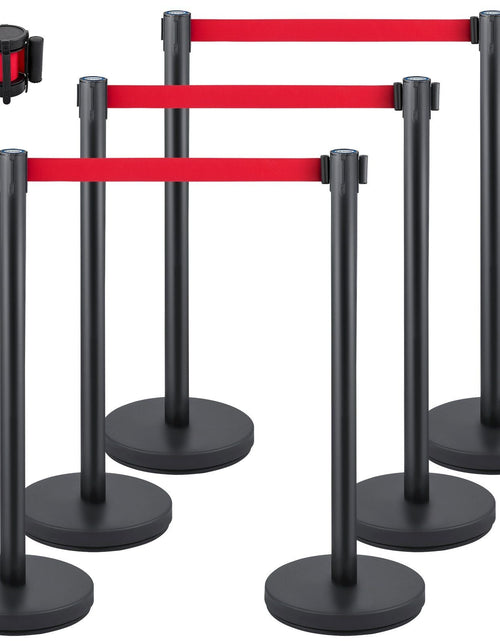 Load image into Gallery viewer, Crowd Control Stanchion, Set of 6 Pieces Stanchion Set, Stanchion Set w/ 6.6 ft/2 m Red Retractable Belt, Crowd Control Barrier w/Rubber Base – Easy Connect Assembly for Crowd Control (Black)
