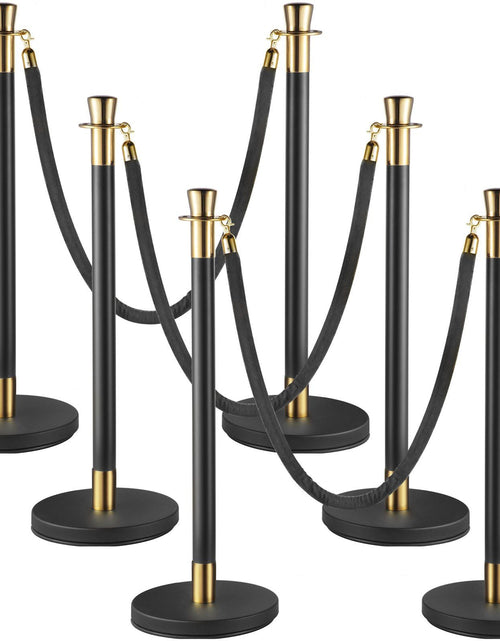 Load image into Gallery viewer, Crowd Control Stanchion, Set of 6 Pieces Stanchion Set, Stanchion Set with 5 ft/1.5 m Black Velvet Rope, Black Crowd Control Barrier w/Sturdy Concrete and Metal Base – Easy Connect Assembly
