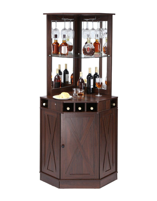 Load image into Gallery viewer, Corner Industrial Bar Cabinet, Wine Table for Liquor &amp; Glasses, Sideboard Buffet Cabinet with Glass Holder, Freestanding Farmhouse Wood Coffee Bar Cabinet for Living Room, Home Bar, Black Walnut

