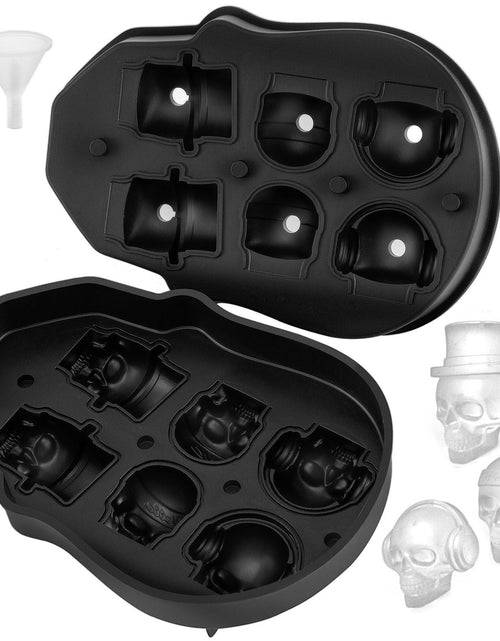 Load image into Gallery viewer, Skull Ice Cube Tray, 6-Grid Skull Ice Ball Maker, Flexible Black Silicone Ice Tray with Lid &amp; Funnel, Skull Ice Cubes in 3 Distinct Patterns for Beverages &amp; Chocolates on Parties &amp; Holidays
