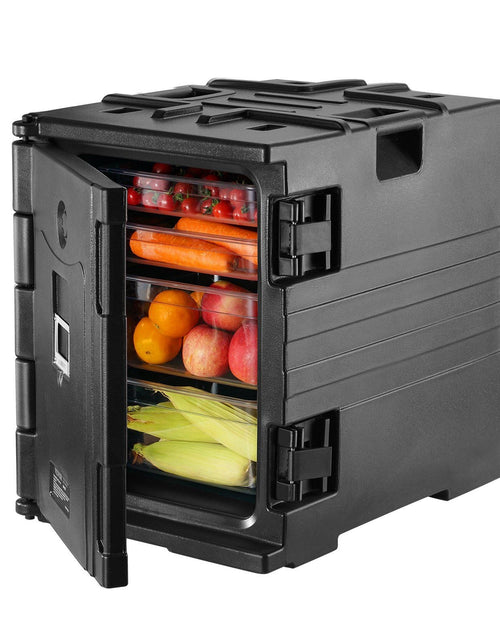 Load image into Gallery viewer, Insulated Food Pan Carrier, 82 Qt Hot Box for Catering, LLDPE Food Box Carrier w/ Double Buckles, Front Loading Food Warmer w/ Handles, Stackable End Loader for Restaurant, Canteen, etc. Black
