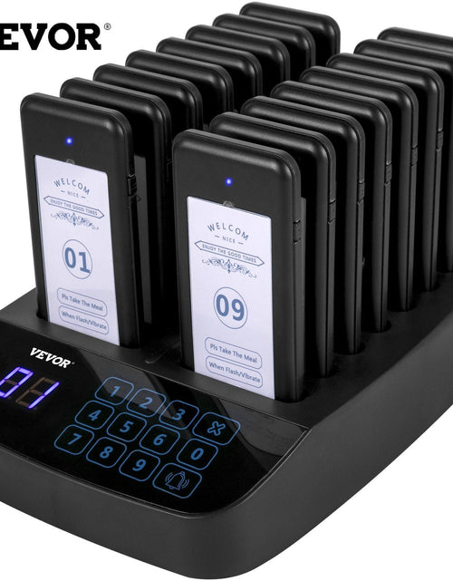 Load image into Gallery viewer, F101 Restaurant Pager System 16 Pagers, Max 98 Beepers Wireless Calling System, Touch Keyboard with Vibration, Flashing and Buzzer for Church, Nurse,Hospital &amp; Hotel
