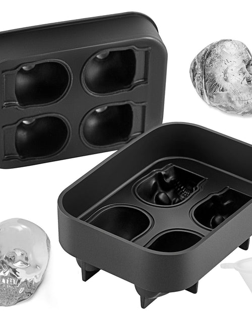Load image into Gallery viewer, Skull Ice Cube Tray, 4-Grid Skull Ice Ball Maker, Flexible Black Silicone Ice Tray with Lid &amp; Funnel, Funny Skull Ice Cubes 1.6"x1.8" Each for Beverage, Chocolate, etc. on Parties &amp; Holidays
