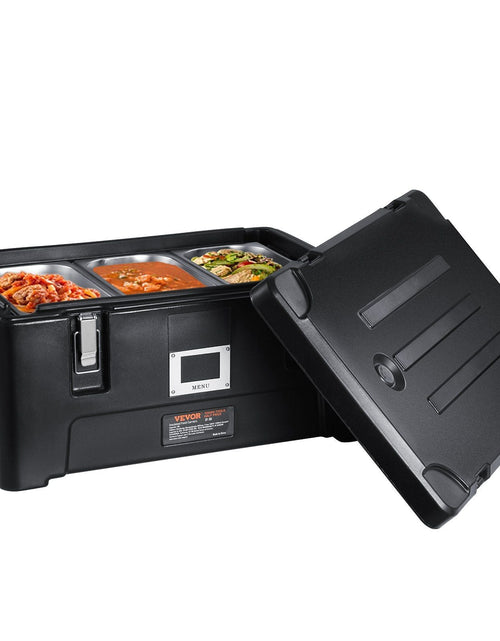 Load image into Gallery viewer, Insulated Food Pan Carrier, 36Qt Capacity, Stackable Catering Hot Box w/ 3 Stainless Steel Pans, Top Load LLDPE Food Warmer w/Elastic Side Handles and Buckles, for Restaurant Canteen, Black
