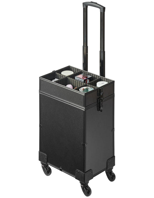 Load image into Gallery viewer, 5 in 1 Professional Makeup Train Case Aluminum Cosmetic Case, Rolling Makeup Case Extra Large Trolley Makeup Travel Organizer, with 360° Swivel Wheels &amp; Adjustable Pull Rod, Black

