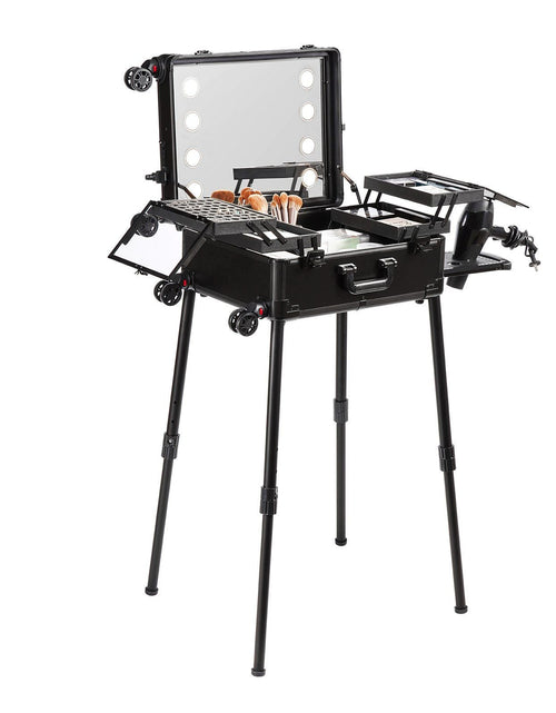 Load image into Gallery viewer, Makeup Train Case with Lock, Lighted Mirror, 4 Storage Trays, Brush Holder, Travel Cosmetic Organizer Box w/ Swivel Wheels, Professional Artist Trolley Studio Free Standing Case

