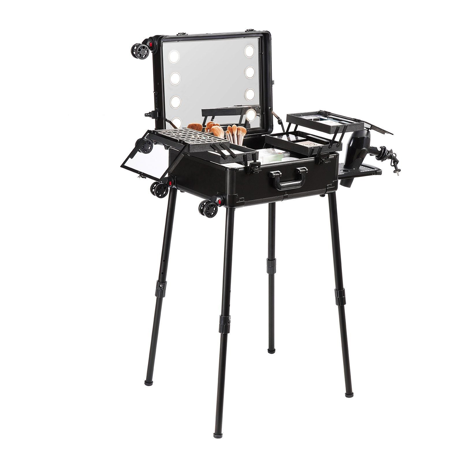 Makeup Train Case with Lock, Lighted Mirror, 4 Storage Trays, Brush Holder, Travel Cosmetic Organizer Box w/ Swivel Wheels, Professional Artist Trolley Studio Free Standing Case