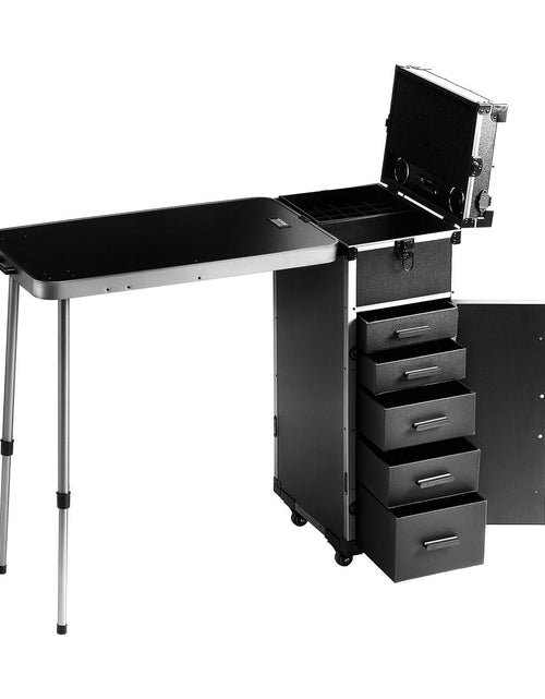 Load image into Gallery viewer, Professional Makeup Train Case Aluminum Cosmetic Case, Workbench With Supporting Legs, Rolling Makeup Case Extra Large Trolley Makeup Travel Organizer, with 360° Swivel Wheels, Black
