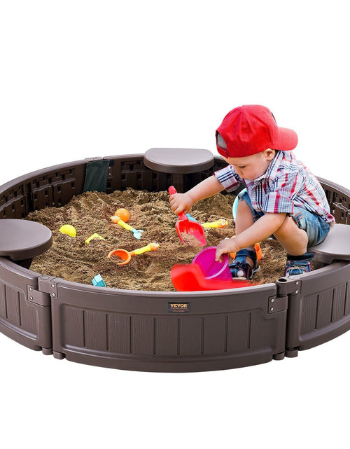 Load image into Gallery viewer, Sandbox with Cover, 47.2 x 9.1 in Round Sand Box, HDPE Sand Pit with 3 Corner Seating and Bottom Liner, Kids Sandbox for Outdoor Backyard, Beach, Park, Gift for Boys Girls Ages 3-12, Brown

