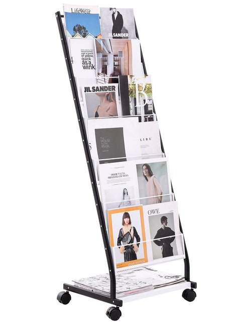 Load image into Gallery viewer, Brochure Display Rack, 6-Tier Magazine Literature Display Stand, Floor Standing Magazine Rack Newspaper Catalog Holders, Movable with 4 Wheels (2 Lockable) for Shop Exhibitions Office, 6 Pockets
