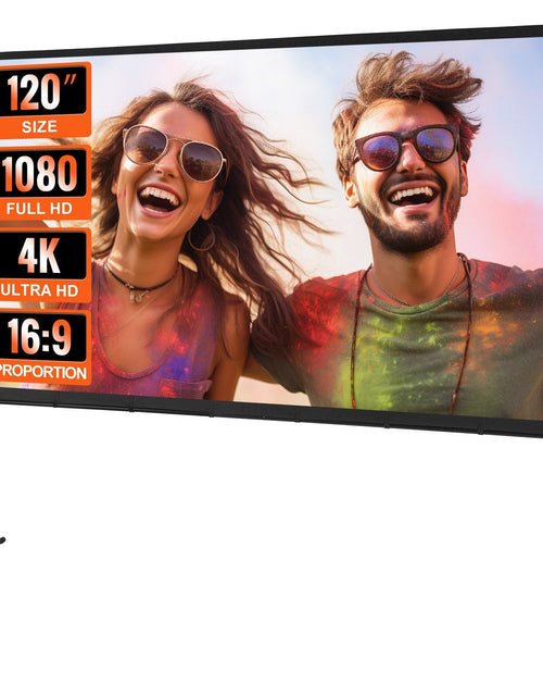 Load image into Gallery viewer, Projector Screen with Stand, 120 inch 16:9 4K 1080 HD Outdoor Movie Screen with Stand, Wrinkle-Free Projection Screen with Bar Feet and Carry Bag, for Home Theater Cinema Backyard Movie Night
