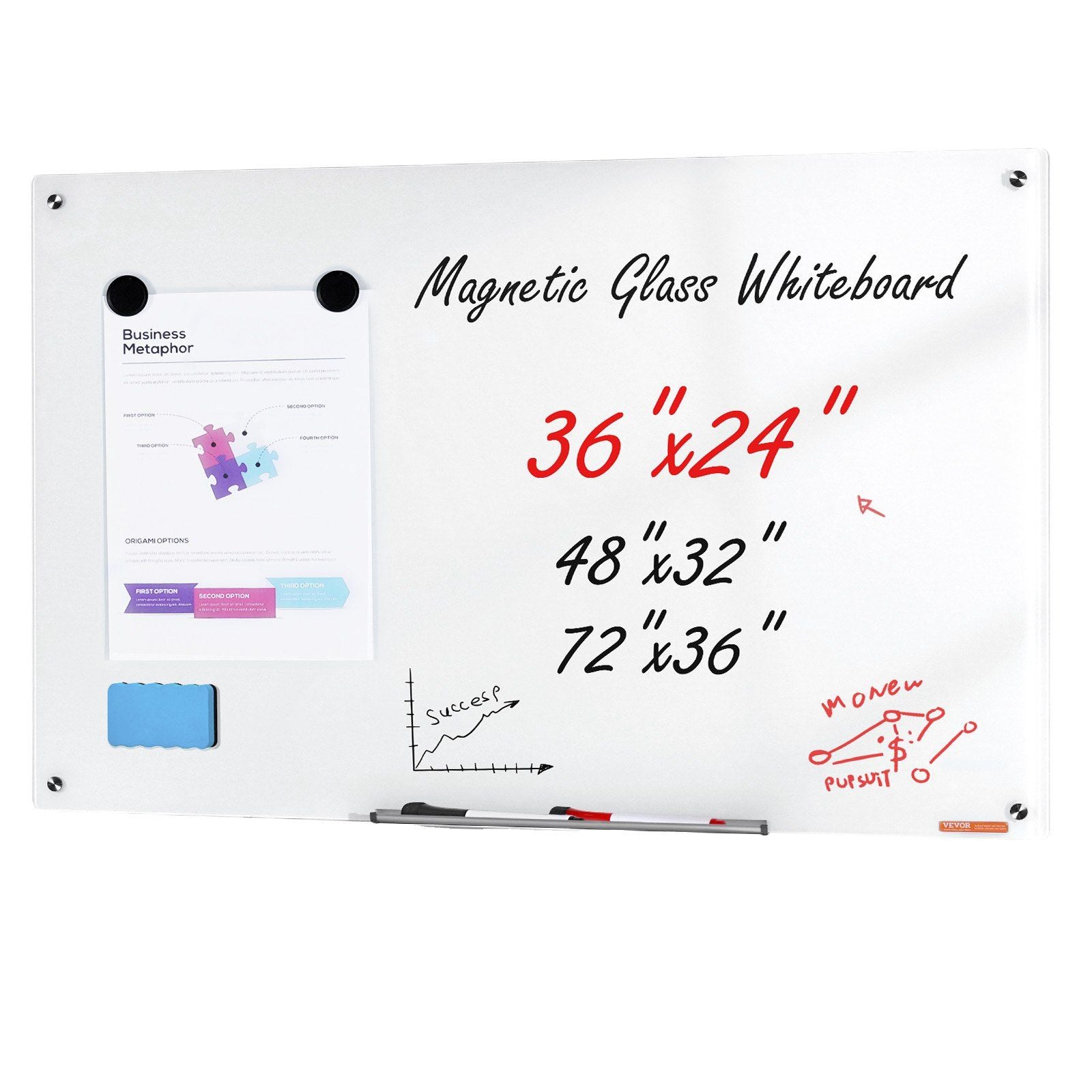 Magnetic Glass Whiteboard, Dry Erase Board 36"x24", Wall-Mounted Large White Glassboard Frameless, with Marker Tray, an Eraser and 2 Markers, White