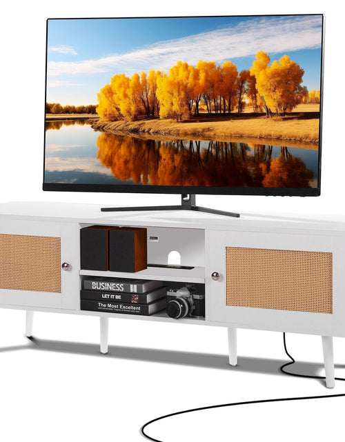 Load image into Gallery viewer, Rattan TV Stand for 65 inch TV, Boho TV Stand with Rattan Door, Entertainment Center with Build-in Socket and USB Ports, Modern TV Console for Living Room, Media Room, White
