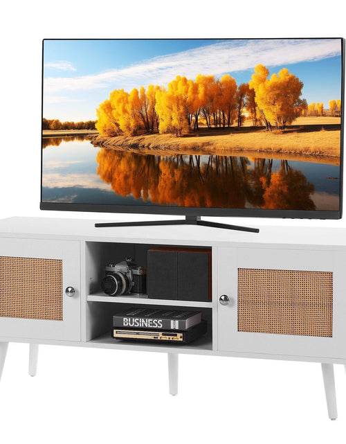 Load image into Gallery viewer, Rattan TV Stand, Boho TV Cabinet for 55 inch TV, Mid Century Modern TV Stand, Rattan TV Console with Adjustable Shelfs for Living Room, Media Room, White

