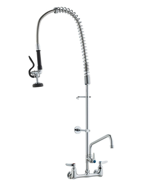 Load image into Gallery viewer, Commercial Faucet with Pre-Rinse Sprayer, 44" Height, 8" Center, 12" Swing Spout, Wall Mount Kitchen Sink Faucet, Brass Constructed Device with Pull Down Spray, for 1/2/3 Compartment Sink
