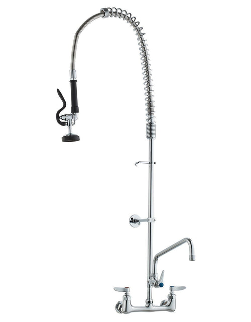 Load image into Gallery viewer, Commercial Faucet with Pre-Rinse Sprayer, 47" Height, 8" Center, 12" Swing Spout, Wall Mount Kitchen Sink Faucet, Brass Constructed Device with Pull Down Spray, for 1/2/3 Compartment Sink
