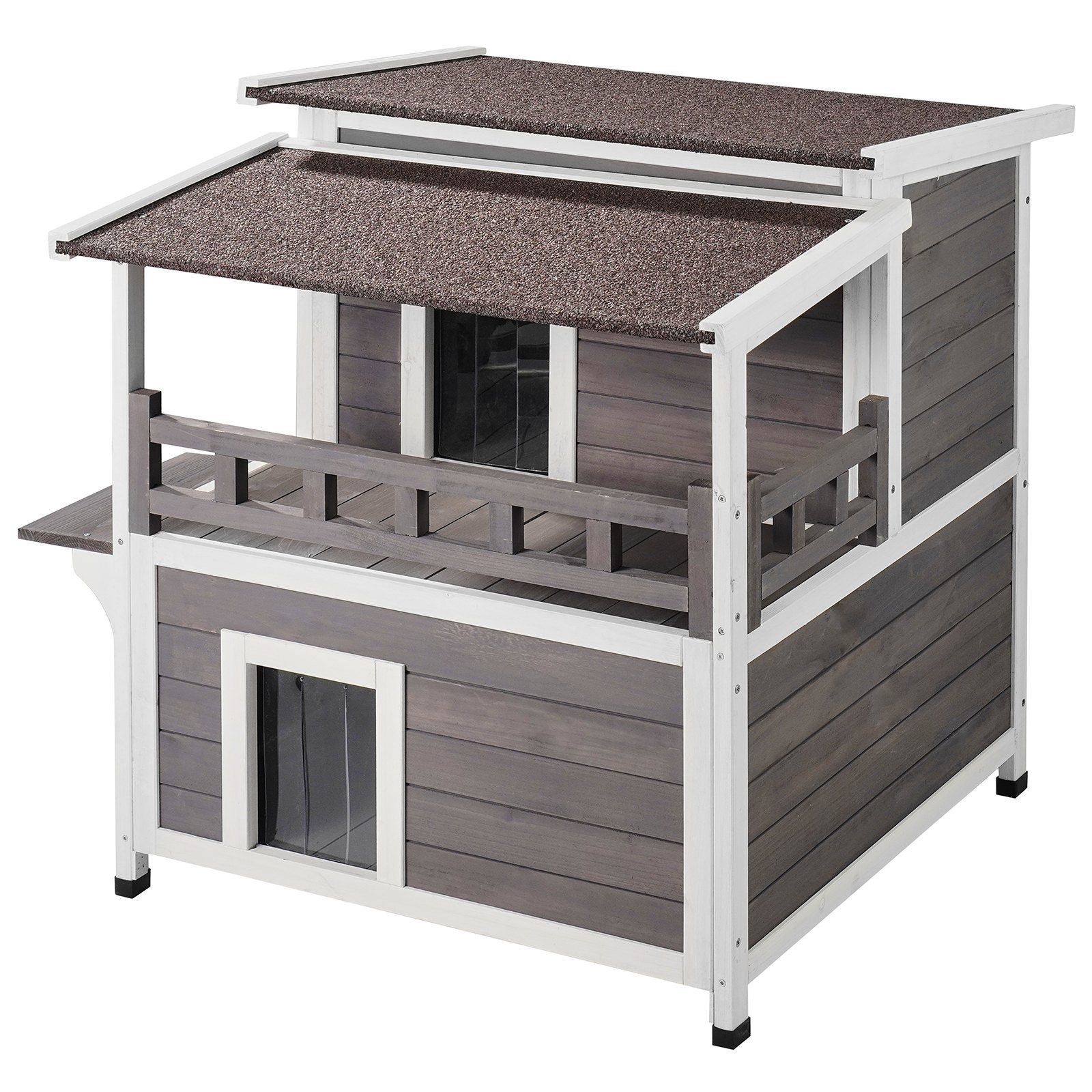 Outdoor Cat House 2-story Wooden Feral Cat Shelter with Balcony & Roof