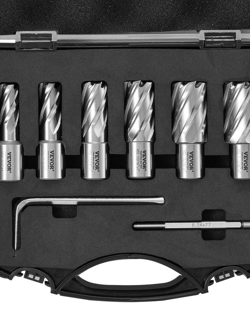 Load image into Gallery viewer, Annular Cutter Set, 6 pcs Weldon Shank Mag Drill Bits, 1/2" to 1-1/16" Cutting Diameter, 1" Cutting Depth, M2AL High-Speed Steel, with Pilot Pin and Portable Case, for Using with Magnetic Drills
