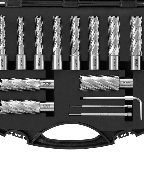 Load image into Gallery viewer, Annular Cutter Set, 13 pcs Weldon Shank Mag Drill Bits, 7/16" to 1-1/16" Cutting Diameter, 2" Cutting Depth, M2AL HSS, with 2 Pilot Pins, Hex Wrench and Portable Case, for Using with Magnetic Dr
