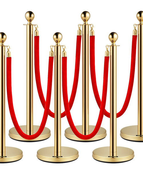 Load image into Gallery viewer, 6 PCS Gold Stanchions Posts Stainless Steel Stanchion Queue Post Red Rope Retractable 38In for Both Indoor and Outdoor use.
