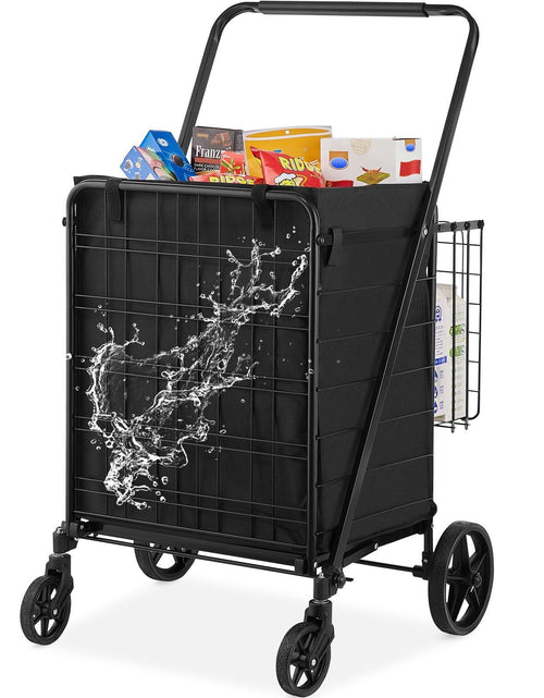 Load image into Gallery viewer, Folding Shopping Cart with Removable Waterproof Liner, 330LBS Large Capacity Jumbo Grocery Cart with Dual Basket, 360° Swivel Wheels, Dense Metal Mesh Base, Heavy Duty Utility Cart for Shopping
