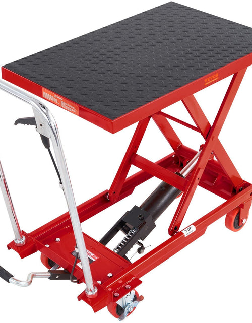Load image into Gallery viewer, Hydraulic Lift Table Cart, 500lbs Capacity 28.5" Lifting Height, Manual Single Scissor Lift Table with 4 Wheels and Non-slip Pad, Hydraulic Scissor Cart for Material Handling, Red
