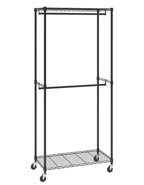 Load image into Gallery viewer, Heavy Duty Clothes Rack, Double Hanging Rods Clothing Garment Rack with Bottom and Top Storage Tier, Rolling Clothing Rack for Hanging Clothes, 1'' Diameter Thicken Steel Tube Hold Up to 300Lbs
