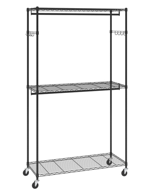 Load image into Gallery viewer, Heavy Duty Clothes Rack, Rolling Clothing Garment Rack with 3 Storage Tiers, 2 Rods and 2 Pairs Side Hooks, Adjustable Height Clothing Rack Closet for Hanging Clothes, 400 Lbs Load Capacity
