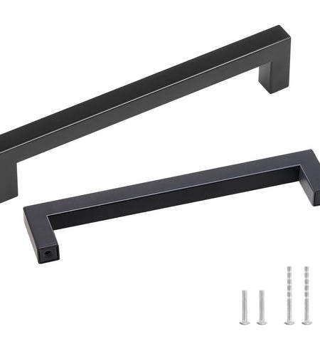 10 Pack Cabinet Pulls, 6.3in / 160mm Center to Center Slim Square Kitchen Cabinet Drawer, Stainless Steel Modern Kitchen Cupboard Door Handles for Kitchen Bathroom Bar Hardware Matte Black