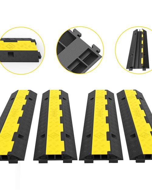 Load image into Gallery viewer, Cable Protector Ramp, 4 Packs 2 Channels Speed Bump Hump, Rubber Modular Speed Bump Rated 11000 LBS Load Capacity, Protective Wire Cord Ramp Driveway Rubber Traffic Speed Bumps Cable Protector
