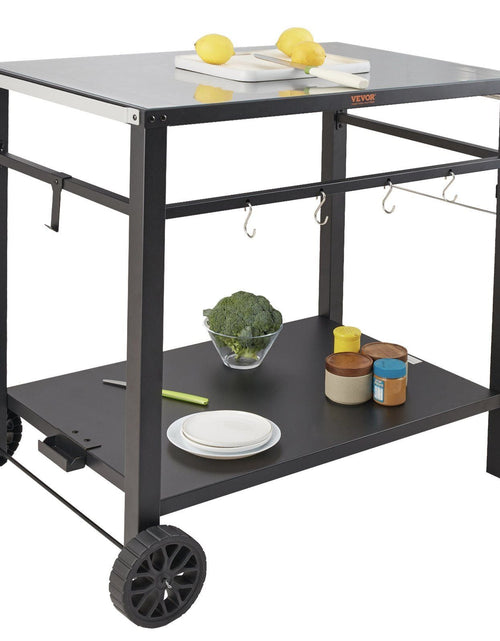 Load image into Gallery viewer, Outdoor Grill Dining Cart with Double-Shelf, BBQ Movable Food Prep Table, Multifunctional Iron Table Top, Portable Modular Carts for Pizza Oven, Worktable with 2 Wheels, Carry Handle, Black

