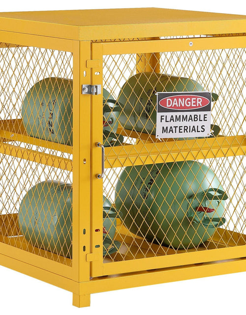 Load image into Gallery viewer, Horizontal Cylinder Storage Cabinet, 4 x 33 lbs Cylinder Capacity, 31.02x30.04x35 inch Propane Storage Cage, Gas Cylinder Cabinet, Yellow Powder Coat Finish, for Freon, Gases, Oxygen, Nitrogen

