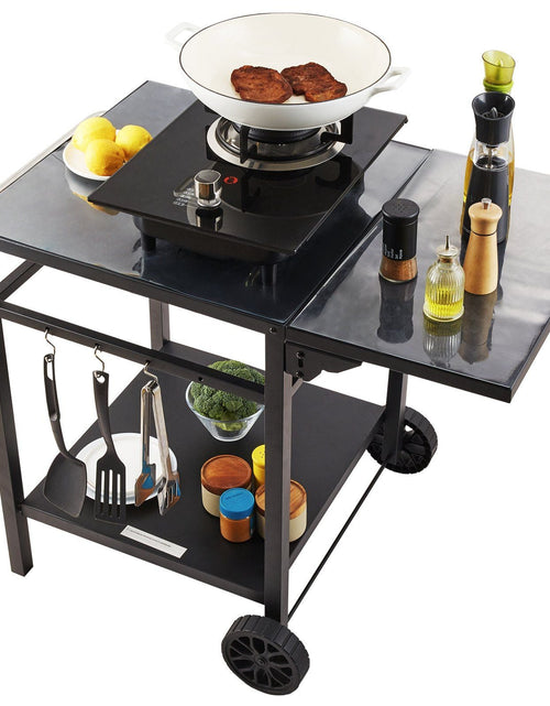 Load image into Gallery viewer, Outdoor Grill Dining Cart with Double-Shelf, BBQ Movable Food Prep Table, Multifunctional Foldable Iron Table Top, Portable Modular Carts for Pizza Oven, Worktable with 2 Wheels, Carry Handle
