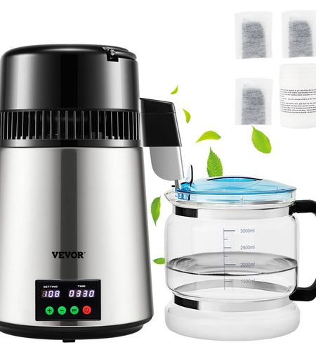 1.1 Gal Water Distiller, 0.3 Gal/H, 750W Distilled Water Maker Machine 0-99H Timing Set Temp Display, 304 Stainless Steel Countertop Distiller Glass Carafe Cleaning Powder 3 Carbon Packs, Silver