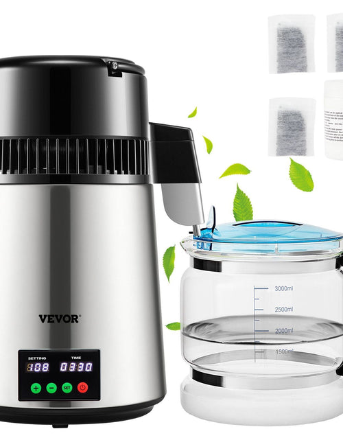 Load image into Gallery viewer, 1.1 Gal Water Distiller, 0.3 Gal/H, 750W Distilled Water Maker Machine 0-99H Timing Set Temp Display, 304 Stainless Steel Countertop Distiller Glass Carafe Cleaning Powder 3 Carbon Packs, Silver
