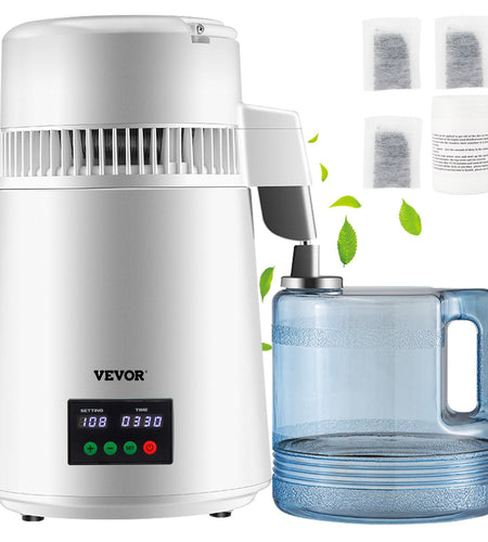 1.1Gal Water Distiller, 0.3Gal/H, 750W Distilled Water Maker Machine 0-99H Timing Set Temp Display, 304 Stainless Steel Countertop Distiller Plastic Carafe Cleaning Powder 3 Carbon Packs, White